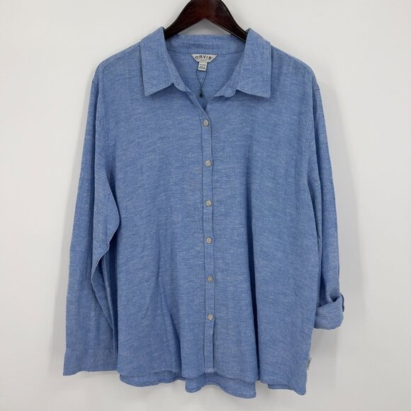 Orvis Women's Blue Linen Blend Button-Up Shirt XXL Long Sleeve Classic Fit - Picture 2 of 7